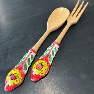 Vietri Italian Wooden Salad Spoon and Fork with Hand painted Ceramic Handle